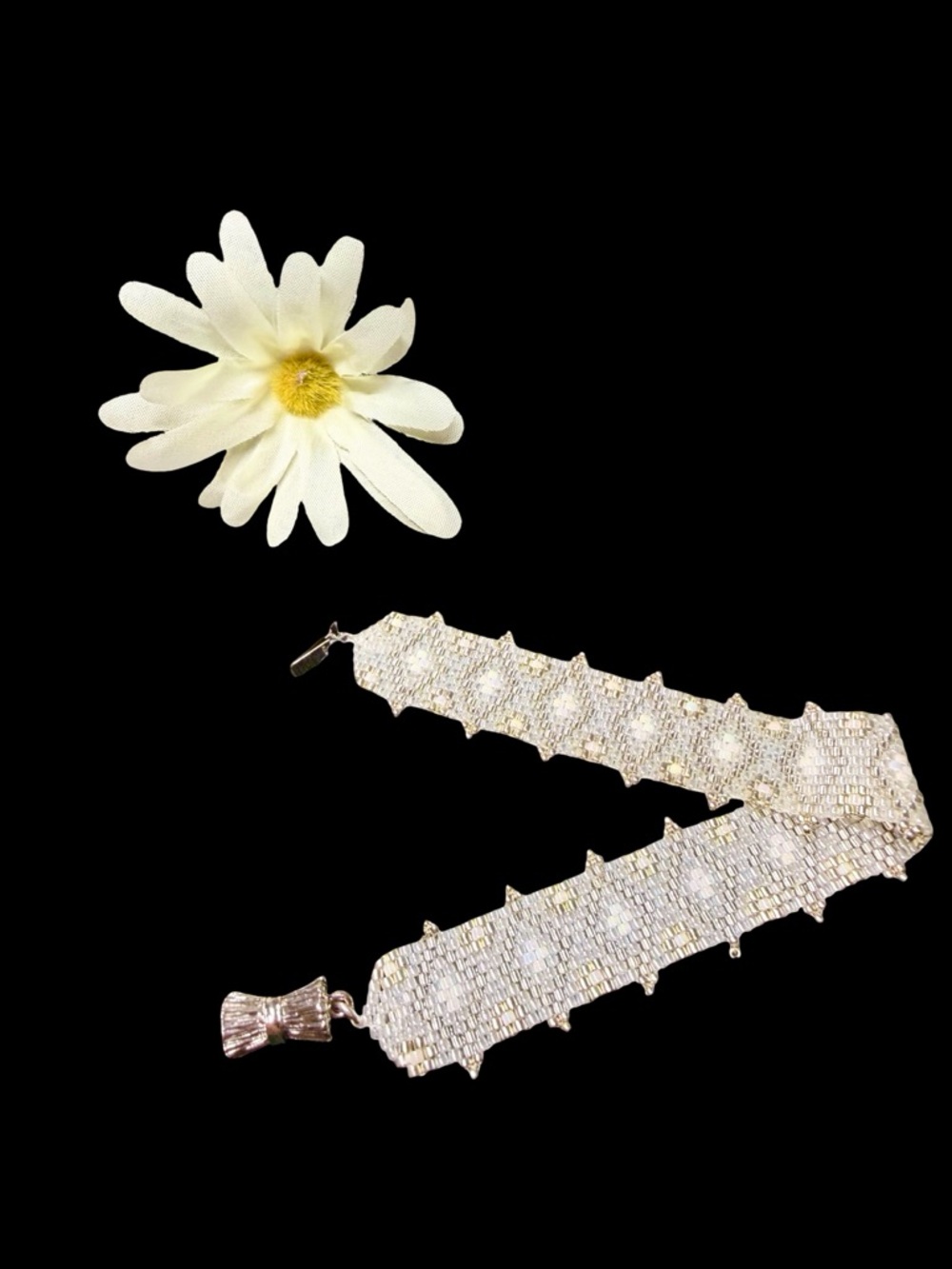 Woven Cream Silver Seed Bead Cuff Bracelet – Bridal Jewelry, Rhodium Clasp - Picture 5 of 11